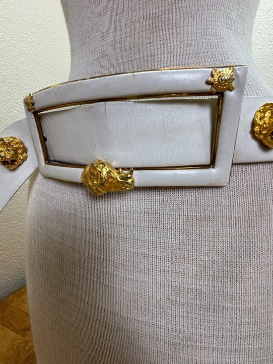 Vtg Judith Leiber White Leather Belt Gold Animal Head Lion Rhino Elephant Turtle main image 13